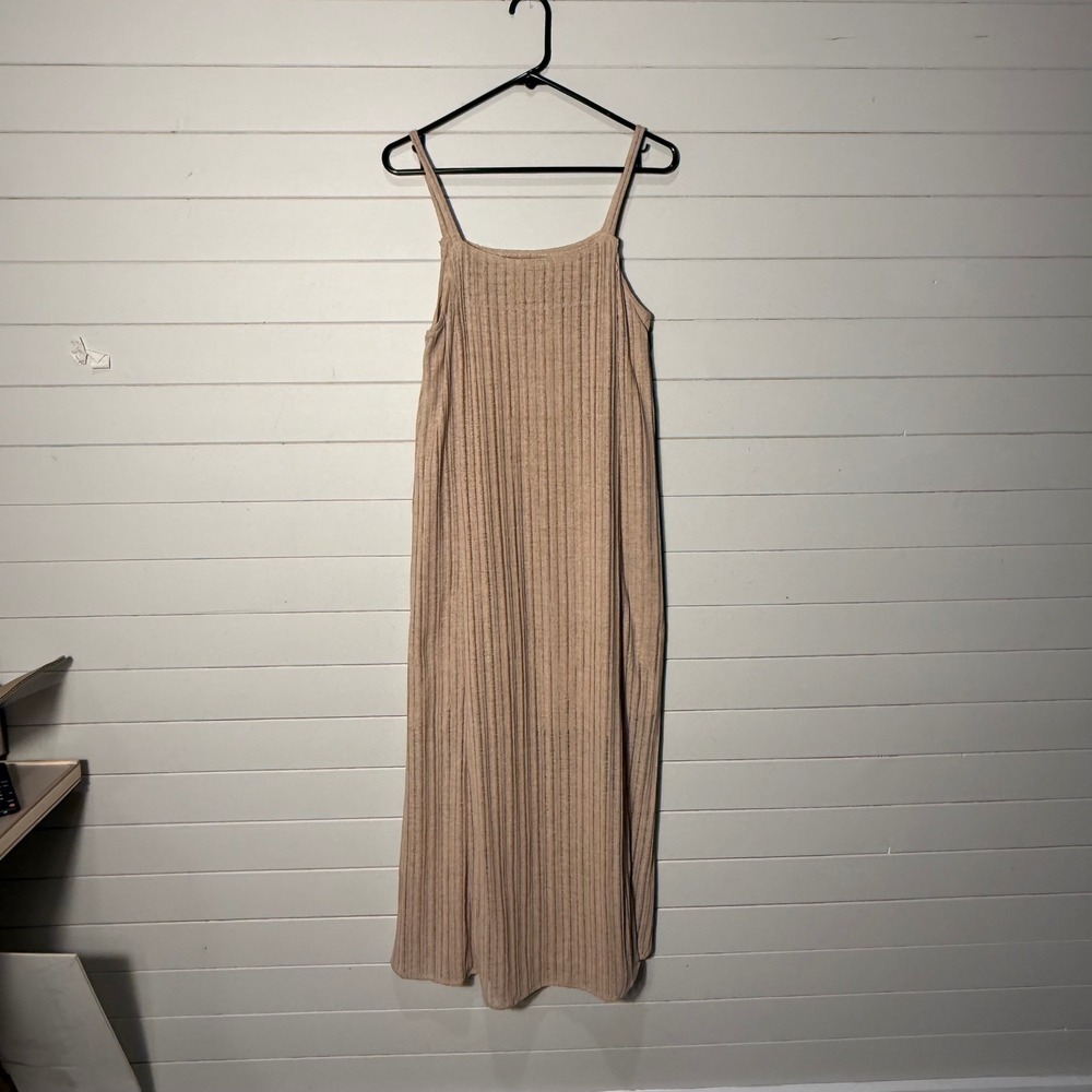 Moon River Tan Ribbed Linen Blend Maxi Dress XS Sleeveless Neutral Boho Casual